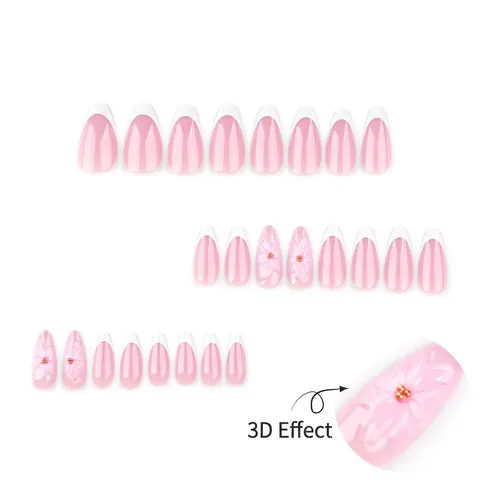 Unghie Finte Press On French Tips Bianco Rosa Glitter Con Fiori 3D Mandorla Manicure Per Donne