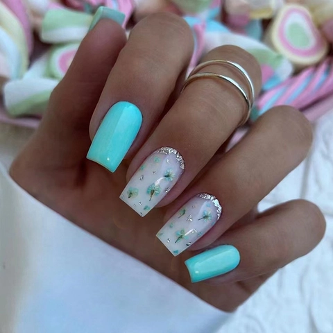 Press On Nails Blue Green Floral Pattern Long Square Artificial Nails Silver Glitter French Tip Style For Women Summer