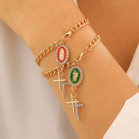 Pulsera Vintage Religiosa Colgante Virgen María y Cruz Oro Plata Chapado Rosario de Cuentas Joyería para Mujer Hombre