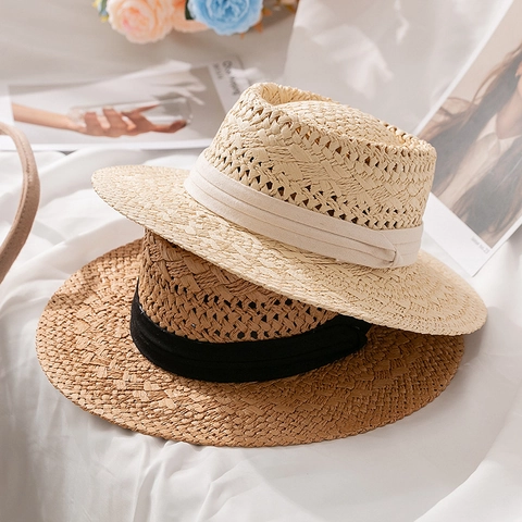 Boater Hut Papierstroh Flache Krone Breite Krempe Atmungsaktiv Sommer Strand Urlaub Band Dekor Damen Herren