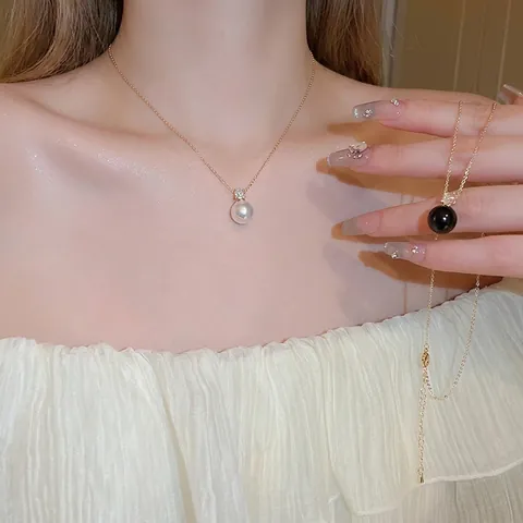 Collar Con Colgante De Perla Artificial Cobre Con Circón Perla Artificial Simulada Redonda Francés Elegante Lujo Cadena Clavícula Para Mujer