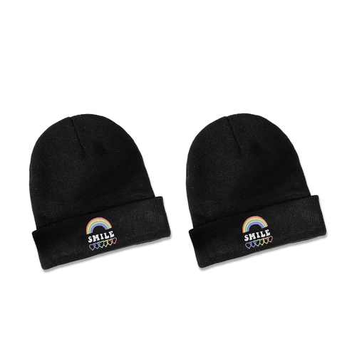 Smile Rainbow Heart Embroidery Knitted Beanie Hat Acrylic Warm Winter Cap With Folded Cuff For Women Men Casual Fashion