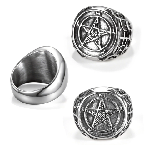 Pentagram Baphomet Signet Ring For Men Stainless Steel Retro Gothic Punk Style Polished Oxidized Silver Color Jewelry