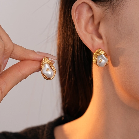 Pendientes De Botón Geométricos Irregulares Vintage Francés Con Perla Barroca Artificial De Imitación Y Poste De Plata