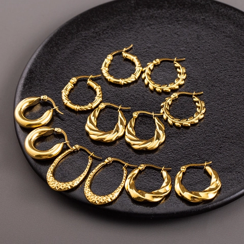 Stainless Steel 18K Gold Plated Hoop Earrings Geometric Twisted Hammered French Vintage Fashion Jewelry For Women