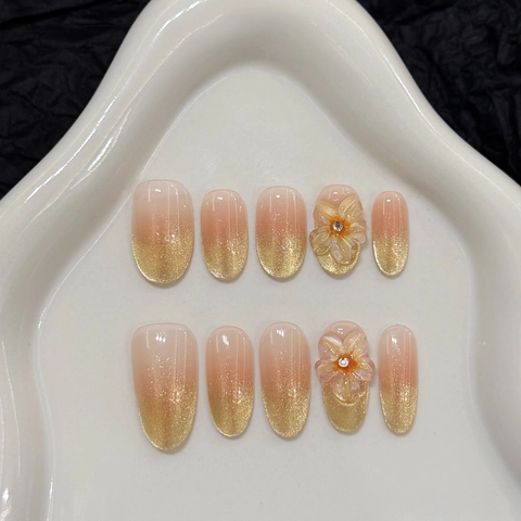 Handgefertigte Aufklebenägel Katzenaugen Verlauf Rosa Gold Mit Dreidimensionaler Blume Straßstein Elegante Mandel Oval Künstliche Nägel