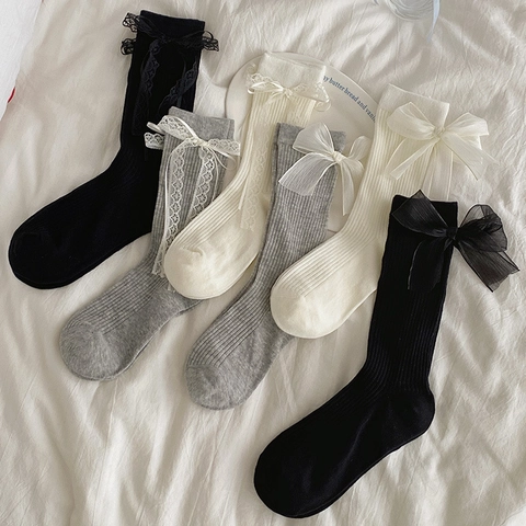 Women Lolita Crew Socks Cotton Ribbed Sweet Bowknot Lace Trim Mesh Breathable Mid Calf Hosiery For Girls