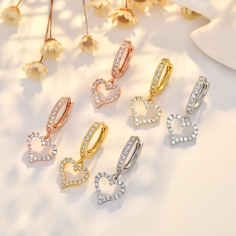 Hart Ring Oorbellen Koper AAAAA Zirkoon Echt Verguld Holle Hanger Elegant Mode Sieraden Voor Vrouwen