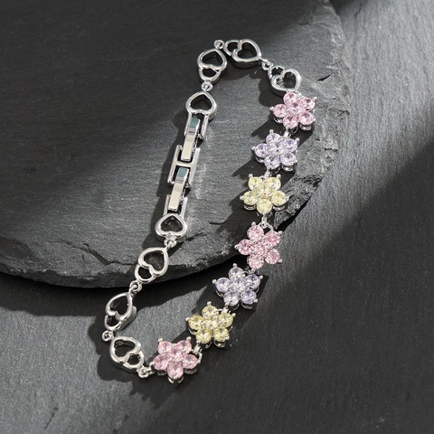 Elegante Sneeuwvlok Zirconia Armband Voor Vrouwen Koperlegering Hart Schakelketting Kleurrijke Bloem Kristallen Sieraden Cadeau
