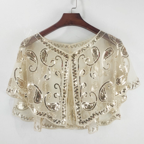 Women Sequin Mesh Shawl Cape Sheer Paisley Bead Embroidery Scalloped Evening Party Prom Wrap Vintage 1920s Style