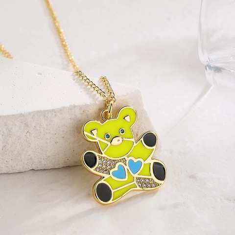Cartoon Bär Anhänger Halskette Kupfer 18K Vergoldet Emaille Bunte Herz Zirkon Inlay Mode Schmuck Für Damen