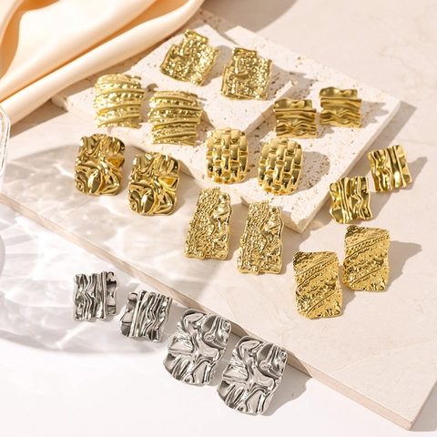 Irregular Geometric Stainless Steel Stud Earrings For Women 18K Gold Plated Waterproof Hypoallergenic Wrinkled Texture Earrings
