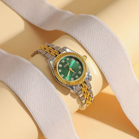 Women Quartz Watch Two-Tone Metal Chain Strap Rhinestone Scale Sunray Dial Fluted Bezel Luxury Fashion Wristwatch