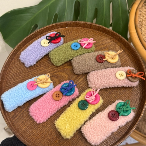 Plush Teddy Wool Hair Snap Clips With Buttons And Bow Sweet Candy Color Fuzzy Side Barrettes For Women Girls Elegant