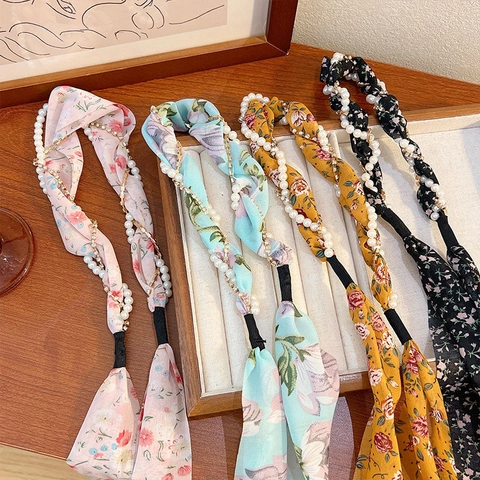 Bandeau En Mousseline À Imprimé Fleuri Avec Chaîne En Künstliche Perles Et Nœud Coiffe Tressée Douce Pour Femmes Filles