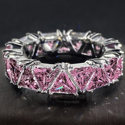 Luxury Eternity Ring Copper Triangle Cut Cubic Zirconia Multi Color Wedding Party Jewelry For Women