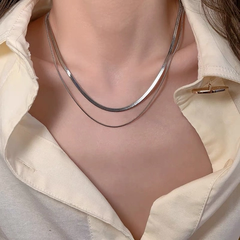 Double Layer Snake Bone Chain Necklace Stainless Steel Minimalist Layered Elegant Polished Neck Jewelry For Women