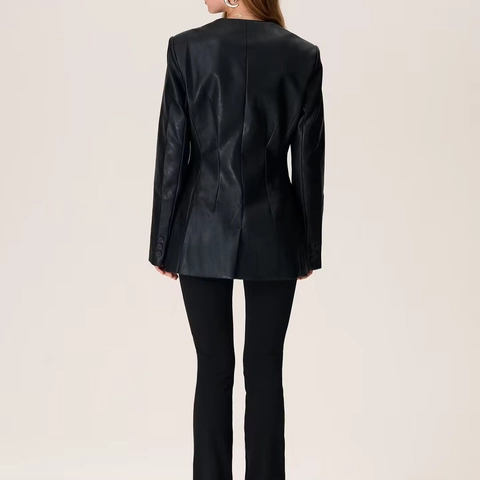Women PU Leather Jacket V Neck Single Breasted Waist Cinched Long Sleeve British Style Retro Commuter Faux Leather Blazer