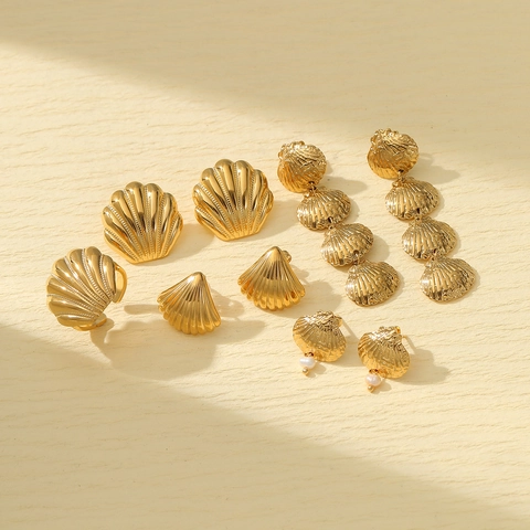 Vintage Waaiervormige Schelp Oorbellen Roestvrij Staal 18K Verguld Voor Dames Mariene Kunstparel Sieraden