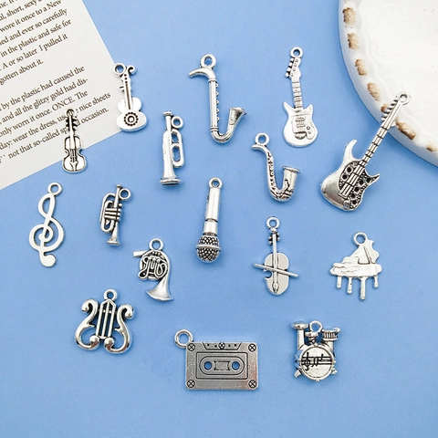 Musical Instrument Charms Pendants Vintage Antique Silver Alloy For DIY Jewelry Making Guitar Saxophone Violin Shape