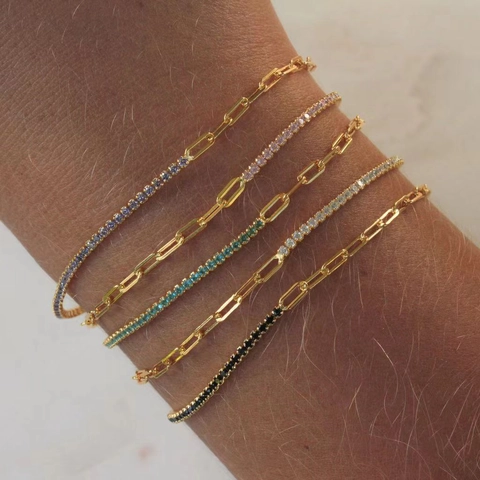 Fashion Stainless Steel Bracelet Necklace Cubic Zirconia 18K Gold Plated Paperclip Tennis Chain Splicing Jewelry Women