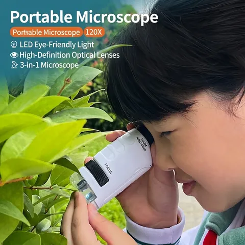 Portable Handheld Microscope Toy For Kids Science Laboratory Education Plastic Pocket Magnifier With LED Light Outdoor Nature Exploration STEM Learning Equipment