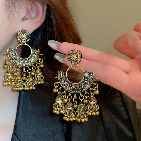 Ethnic Bohemian Jhumka Κρεμαστά Σκουλαρίκια Με Ασημένιο Κούμπωμα Vintage Σχήμα Βεντάλιας Χρυσά Κουδούνια Με Φούντες Για Γυναίκες