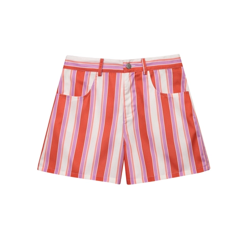 Pantaloncini Casual a Righe Donna Estate Vita Alta Larghi Gamba Dritta Righe Verticali Colorate Misto Cotone Hot Pants