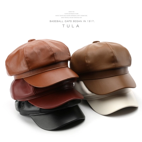 PU Leather Newsboy Cap For Women Retro Solid Color Octagonal Beret Hat Autumn Winter Fashion Streetwear Accessory
