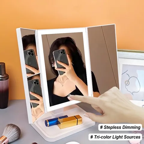 ABS LED Makeup Mirror With Lights Tri-Fold Tabletop Vanity Mirror Height Adjustable Storage Base Magnifying Touch Screen