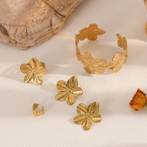 Gioielli In Acciaio Inossidabile Fiori Geometrici Donna Bracciale Orecchini Anello Design Floreale Minimalista Chic