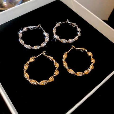 Orecchini A Cerchio Intrecciati Rame Placcato Oro 18K Con Perno In Argento Zircone Gioielli Minimalisti Per Donna