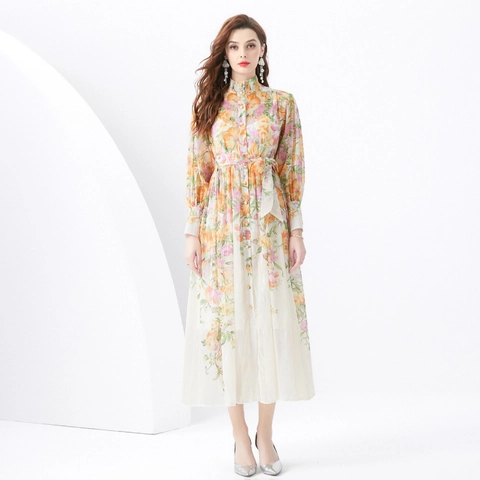 Elegante Maxi Jurk Met Bloemenprint Opstaande Kraag Lantaarnmouwen Polyester A-Lijn Knoopsluiting Met Ceintuur Lange Jurk