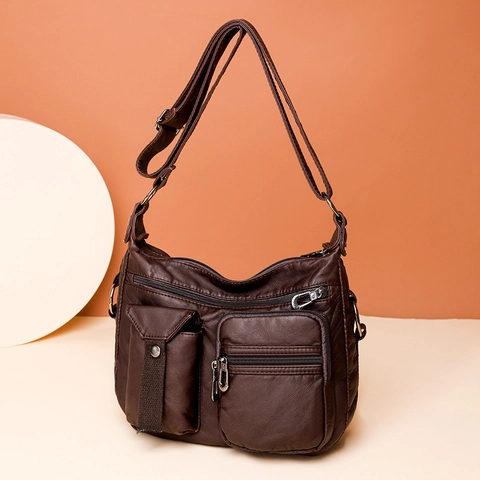 Borsa A Tracolla Da Donna Morbida Pelle PU Lavata Multitasche Grande Capacità Borsa A Spalla Retro Casual Quotidiana