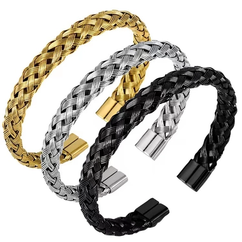 Stainless Steel Braided Wire Cuff Bracelet For Men Women Twisted Cable Woven Open Bangle Fashion Industrial Style Jewelry