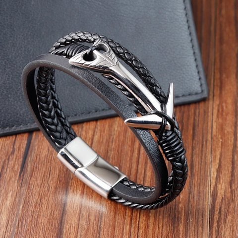 Pulsera Hombre Multicapa Cuero Trenzado Retro Con Cierre Magnético De Acero Inoxidable 316L Amuleto Ancla Náutica Joyería Punk