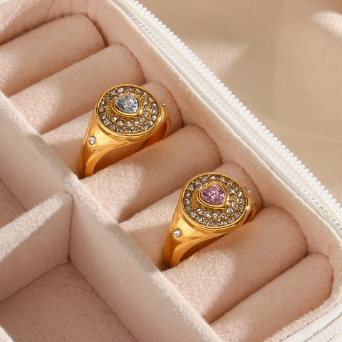 Anello in Acciaio Inossidabile Placcato Oro con Cuore in Zirconia per Donna Anello a Fascia Geometrico con Strass Regalo