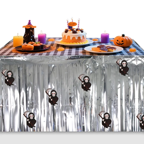 Jupe De Table Halloween Franges Métalliques Autocollants DIY Araignée Squelette Citrouille Fantôme Décoration De Fête Thème