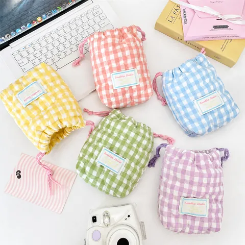 Quilted Checkered Drawstring Bag Heart Pattern Camera Pouch Soft Padded Storage Case Cosmetic Organizer Travel Accessory