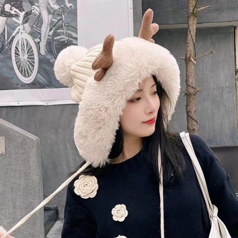 Gorro De Invierno Con Orejeras Para Mujer Piel Sintética Grueso Cálido Navidad Astas Lindas Orejas De Oso Punto Borla Pom Pom