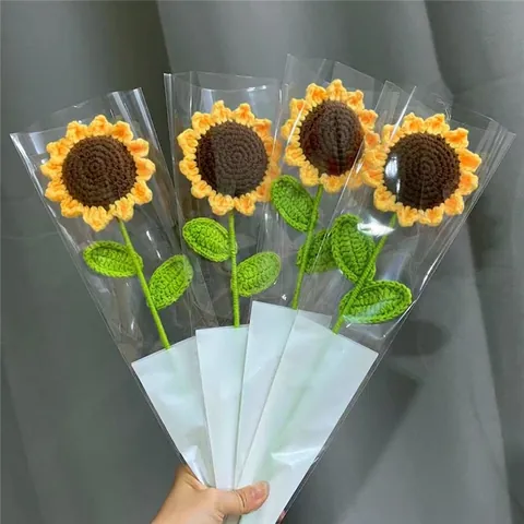 Handmade Crochet Knitted Sunflower Artificial Flower Bouquet Acrylic Yarn Desktop Decoration Birthday Gift For Friends