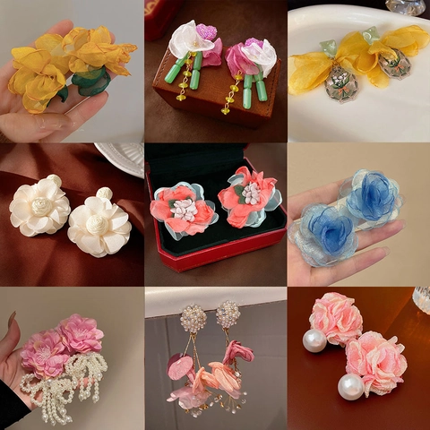 Floral Mesh Flower Earrings With Silver Earring Post Elegant Fabric Artificial Pearl Crystal Tassel Dangle Jewelry For Women