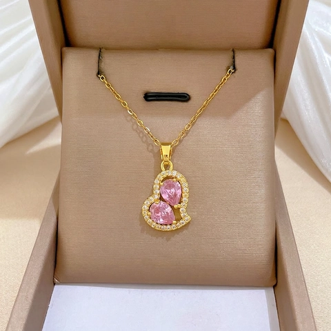 Herz Anhänger Halskette Edelstahlkette Kupfer Rosa Zirkon Strass Eingelegt Glamouröser Schmuck Für Damen