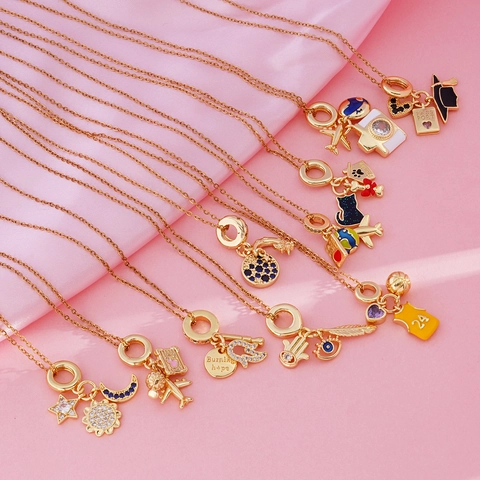 Copper Necklace With 18k Gold Plated Cubic Zirconia Pendants Travel Graduation Sports Theme Enamel Jewelry For Women