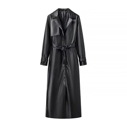 Trench-Coat Long En Similicuir Pour Femme Avec Ceinture Simple Boutonnage Revers PU Vêtements Extérieur Style Britannique Noir