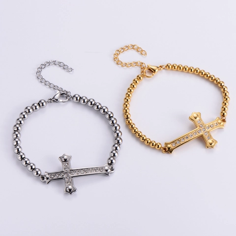 Bracciale Con Pendente A Croce In Acciaio Inossidabile 316L Con Strass Pave Catena Di Perline Tonde Gioielli Regolabili Da Donna