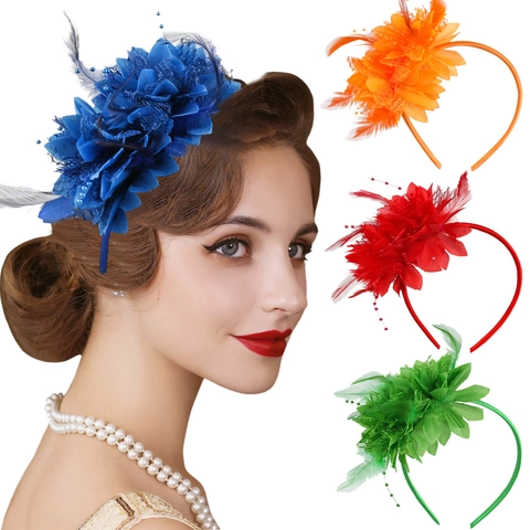 Cerchietto Fascinator Vintage Fiore Piuma Rete Perline Elegante Festa Matrimonio Carnevale Accessori Capelli Per Donna