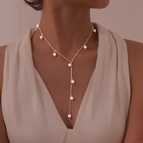 French Vintage Stainless Steel Y Necklace With Artificial Pearl Tassel Gold Plated Elegant Clavicle Chain For Women Jewelry