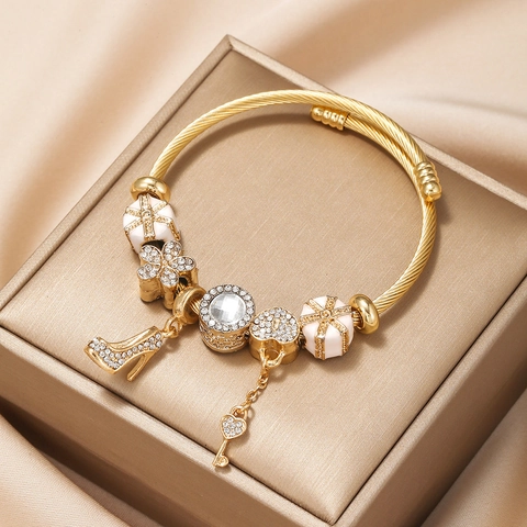 Stainless Steel Bangle And Alloy Beads High Heels Heart Lock Key Flower Charm Bracelet For Women Fashion Jewelry