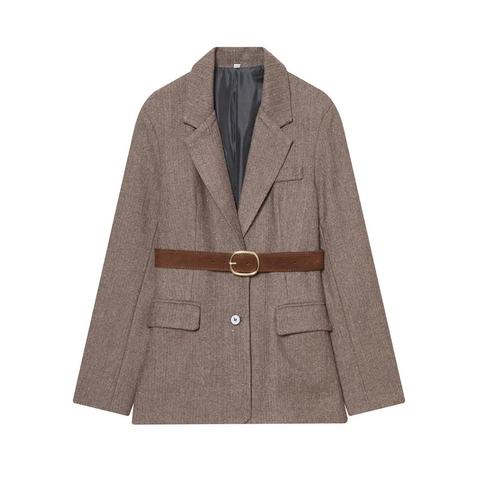 Chaqueta Blazer De Mujer Con Cinturón Espiga Marrón Café Acrílico Un Solo Pecho Oficina Casual Retro Elegante Ropa